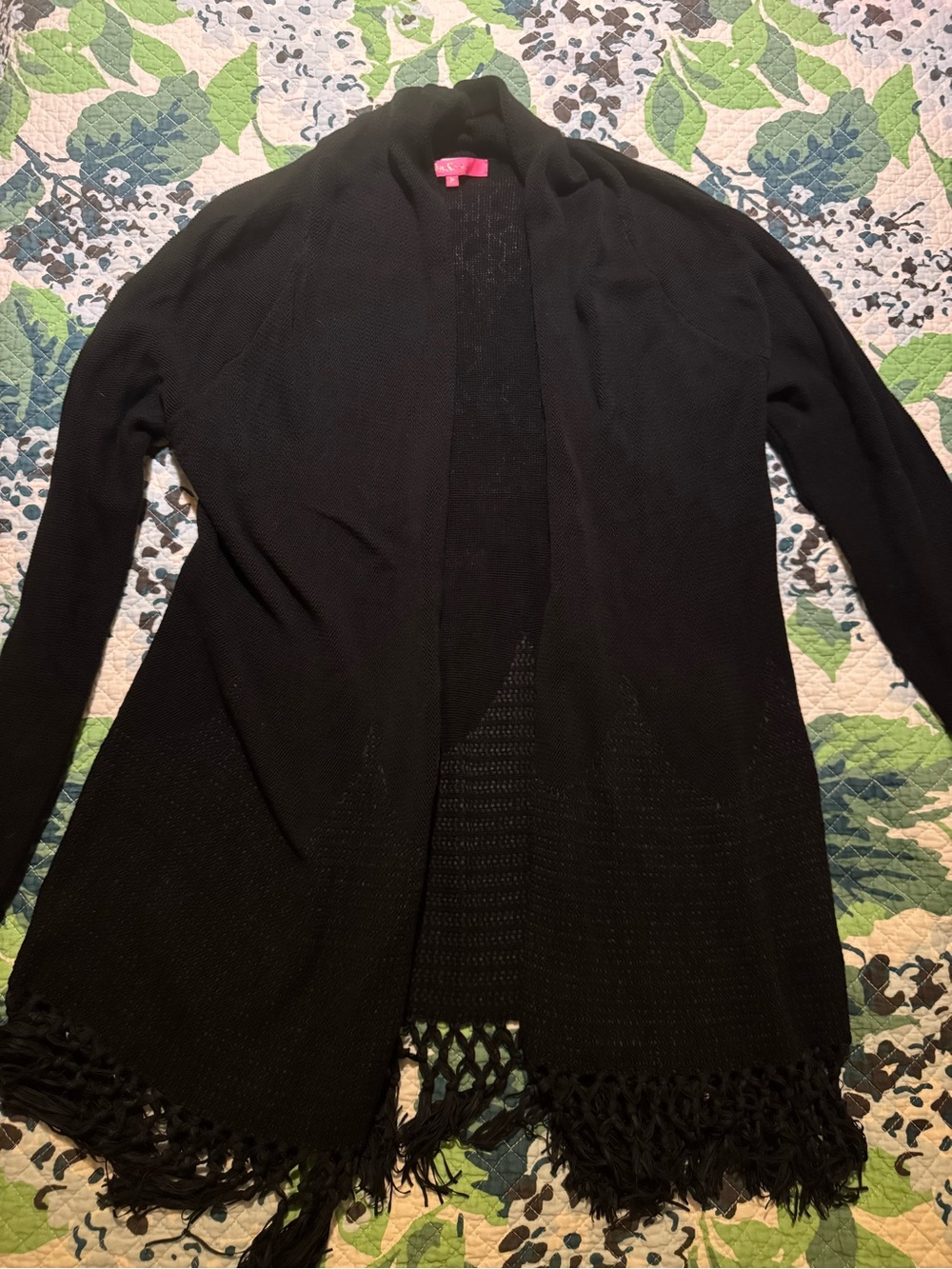 Lilly Pulitzer Tatum Black Fringe Hem Open-Front Cardigan
